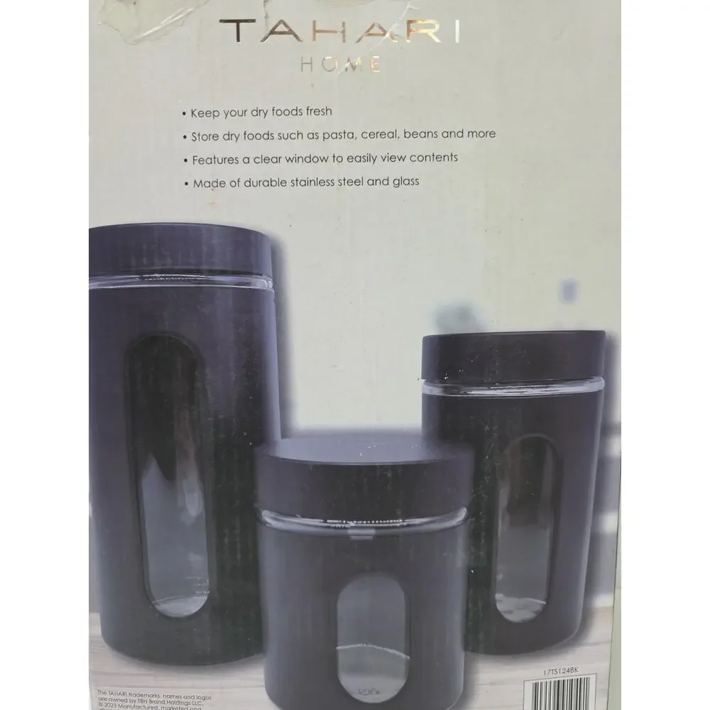 Tahari Home 18K Signature 3-Pc Glass Canister Set Matte Black NEW